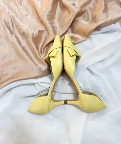 Pantofi damă din piele naturală – Galben Pal cu toc subțire și fundă elegantă Smile and Love