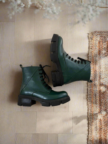 Bocanci damă din piele naturală verde Supernatural – Stil urban cu talpă groasă