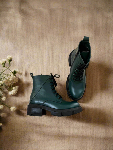 Bocanci damă din piele naturală verde Supernatural – Stil urban cu talpă groasă