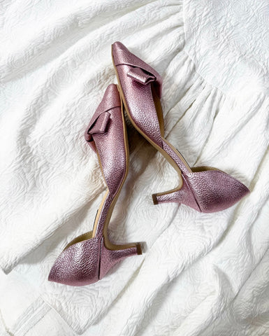 Pantofi damă din piele naturală – Roz Sidefat, cu toc subțire și fundă elegantă Smile and Love