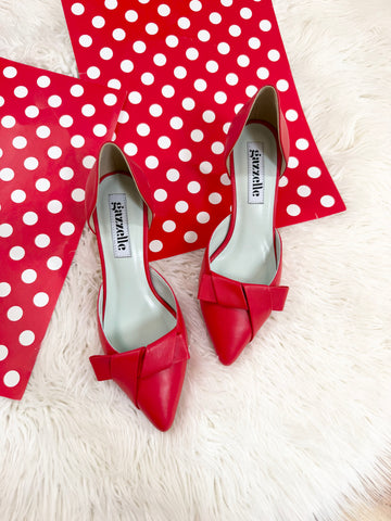 Pantofi damă din piele naturală – Roșu, cu toc subțire și fundă elegantă Smile and Love