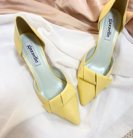 Pantofi damă din piele naturală – Galben Pal cu toc subțire și fundă elegantă Smile and Love