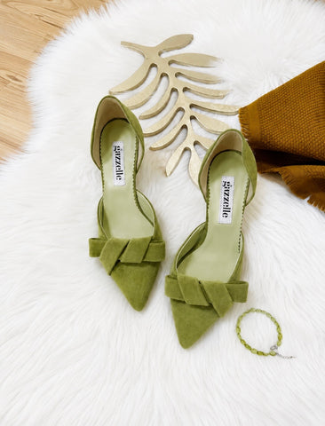 Pantofi damă din piele naturală – Oliv, cu toc subțire și fundă elegantă Smile and Love