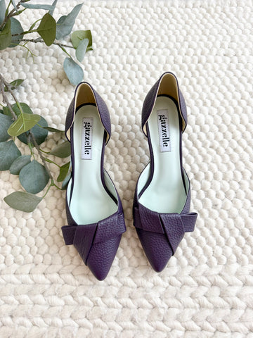 Pantofi damă din piele naturală – Mov Inchis cu toc subțire și fundă elegantă Smile and Love