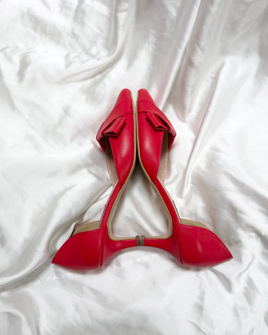 Pantofi damă din piele naturală – Roșu, cu toc subțire și fundă elegantă Smile and Love
