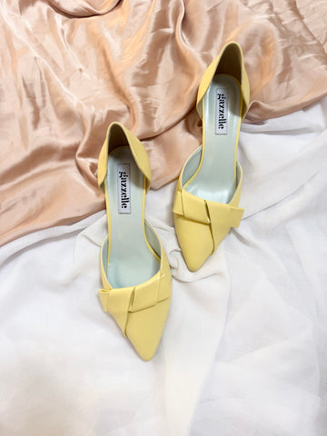 Pantofi damă din piele naturală – Galben Pal cu toc subțire și fundă elegantă Smile and Love