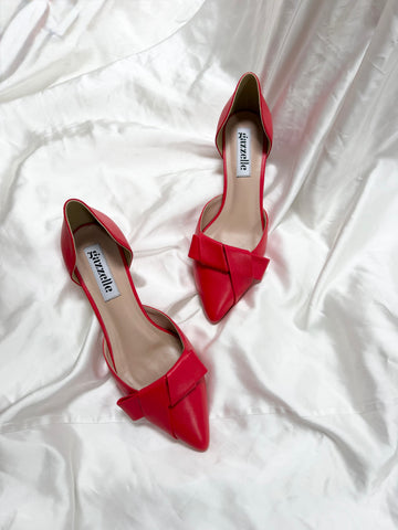 Pantofi damă din piele naturală – Roșu, cu toc subțire și fundă elegantă Smile and Love