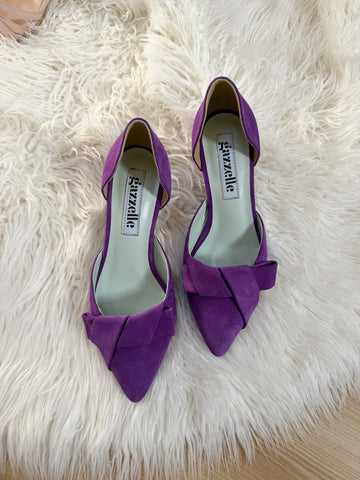 Pantofi damă din piele naturală – Mov, cu toc subțire și fundă elegantă Smile and Love
