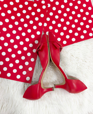 Pantofi damă din piele naturală – Roșu, cu toc subțire și fundă elegantă Smile and Love
