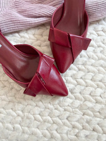 Pantofi damă din piele naturală – Grena cu toc subțire și fundă elegantă Smile and Love
