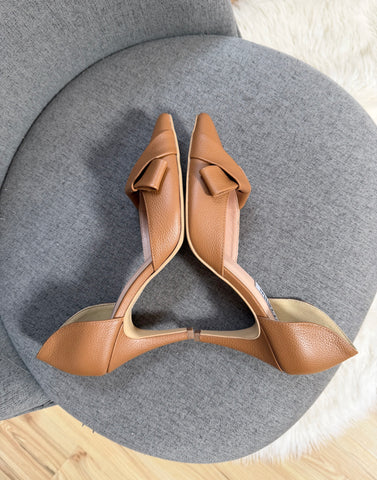 Pantofi damă din piele naturală – Camel, cu toc subțire și fundă elegantă Smile and Love