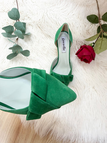 Pantofi damă din piele naturală – Verde, cu toc subțire și fundă elegantă Smile and Love