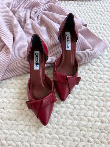 Pantofi damă din piele naturală – Grena cu toc subțire și fundă elegantă Smile and Love
