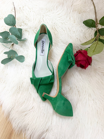 Pantofi damă din piele naturală – Verde, cu toc subțire și fundă elegantă Smile and Love