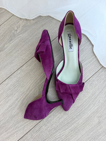 Pantofi damă din piele naturală – Mov, cu toc subțire și fundă elegantă Smile and Love