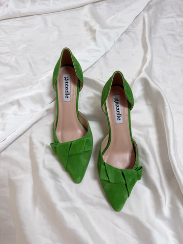 Pantofi damă din piele naturală – Verde, cu toc subțire și fundă elegantă Smile and Love