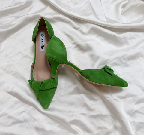 Pantofi damă din piele naturală – Verde, cu toc subțire și fundă elegantă Smile and Love