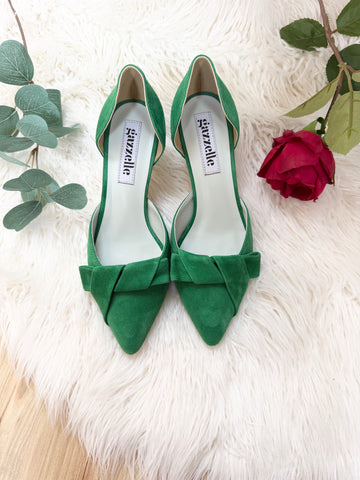 Pantofi damă din piele naturală – Verde, cu toc subțire și fundă elegantă Smile and Love