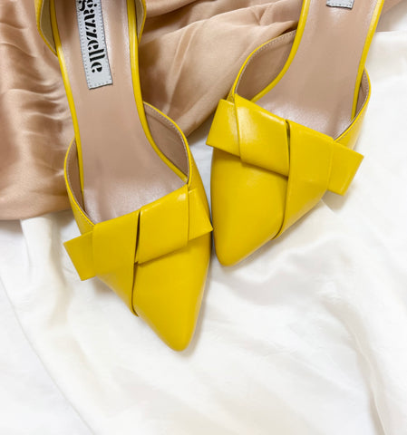 Pantofi damă din piele naturală – Galbena, cu toc subțire și fundă elegantă Smile and Love