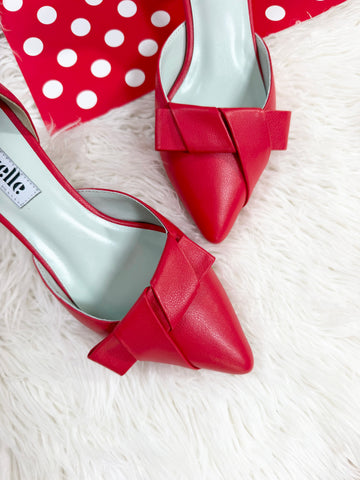 Pantofi damă din piele naturală – Roșu, cu toc subțire și fundă elegantă Smile and Love