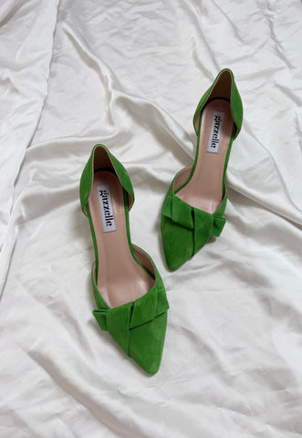 Pantofi damă din piele naturală – Verde, cu toc subțire și fundă elegantă Smile and Love
