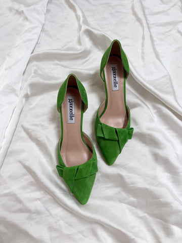 Pantofi damă din piele naturală – Verde, cu toc subțire și fundă elegantă Smile and Love
