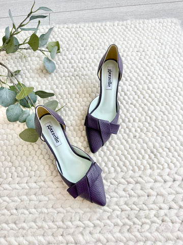 Pantofi damă din piele naturală – Mov Inchis cu toc subțire și fundă elegantă Smile and Love