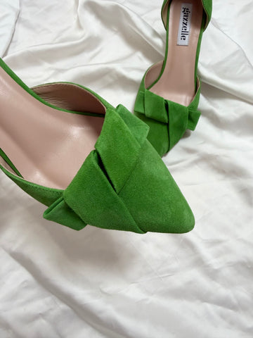 Pantofi damă din piele naturală – Verde, cu toc subțire și fundă elegantă Smile and Love