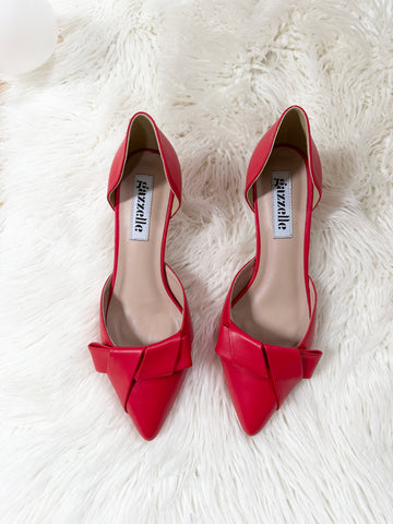 Pantofi damă din piele naturală – Roșu, cu toc subțire și fundă elegantă Smile and Love