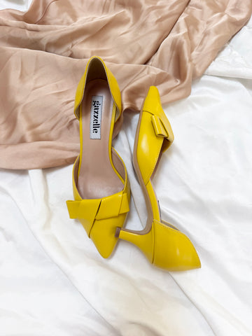 Pantofi damă din piele naturală – Galbena, cu toc subțire și fundă elegantă Smile and Love