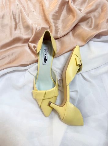 Pantofi damă din piele naturală – Galben Pal cu toc subțire și fundă elegantă Smile and Love