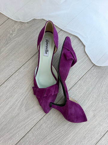 Pantofi damă din piele naturală – Mov, cu toc subțire și fundă elegantă Smile and Love