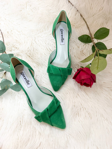 Pantofi damă din piele naturală – Verde, cu toc subțire și fundă elegantă Smile and Love