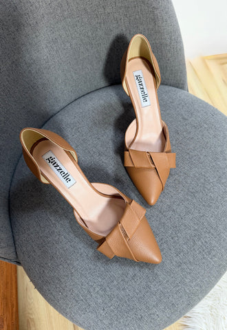 Pantofi damă din piele naturală – Camel, cu toc subțire și fundă elegantă Smile and Love