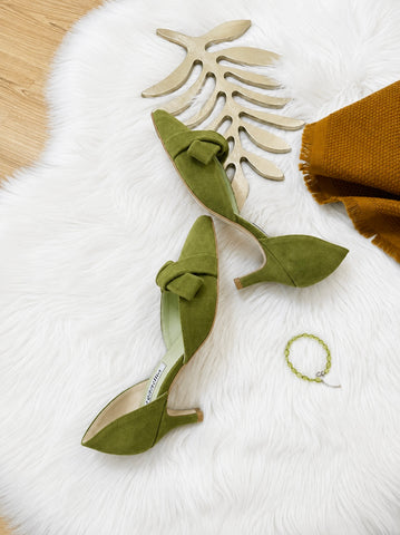 Pantofi damă din piele naturală – Oliv, cu toc subțire și fundă elegantă Smile and Love