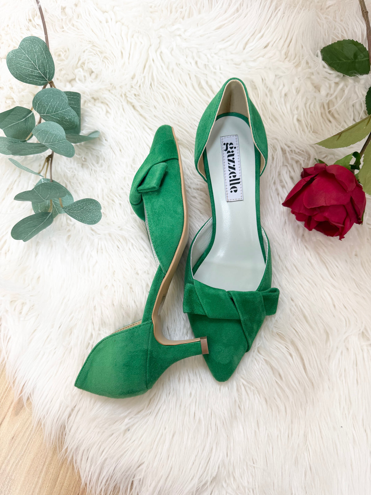 Pantofi damă din piele naturală – Verde, cu toc subțire și fundă elegantă Smile and Love