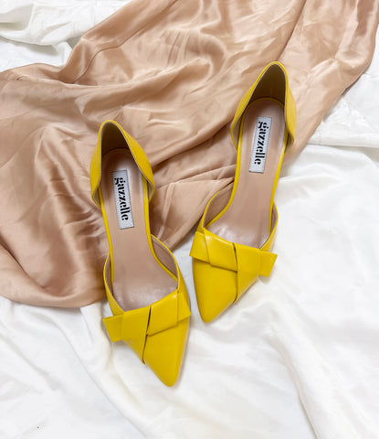Pantofi damă din piele naturală – Galbena, cu toc subțire și fundă elegantă Smile and Love
