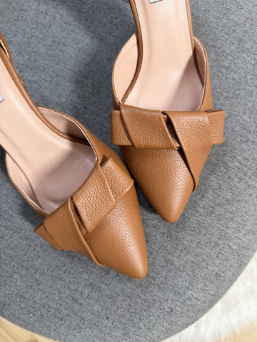 Pantofi damă din piele naturală – Camel, cu toc subțire și fundă elegantă Smile and Love