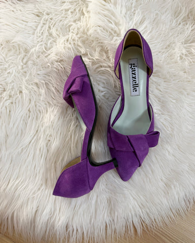 Pantofi damă din piele naturală – Mov, cu toc subțire și fundă elegantă Smile and Love
