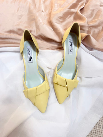 Pantofi damă din piele naturală – Galben Pal cu toc subțire și fundă elegantă Smile and Love