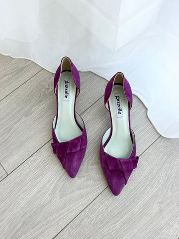 Pantofi damă din piele naturală – Mov, cu toc subțire și fundă elegantă Smile and Love
