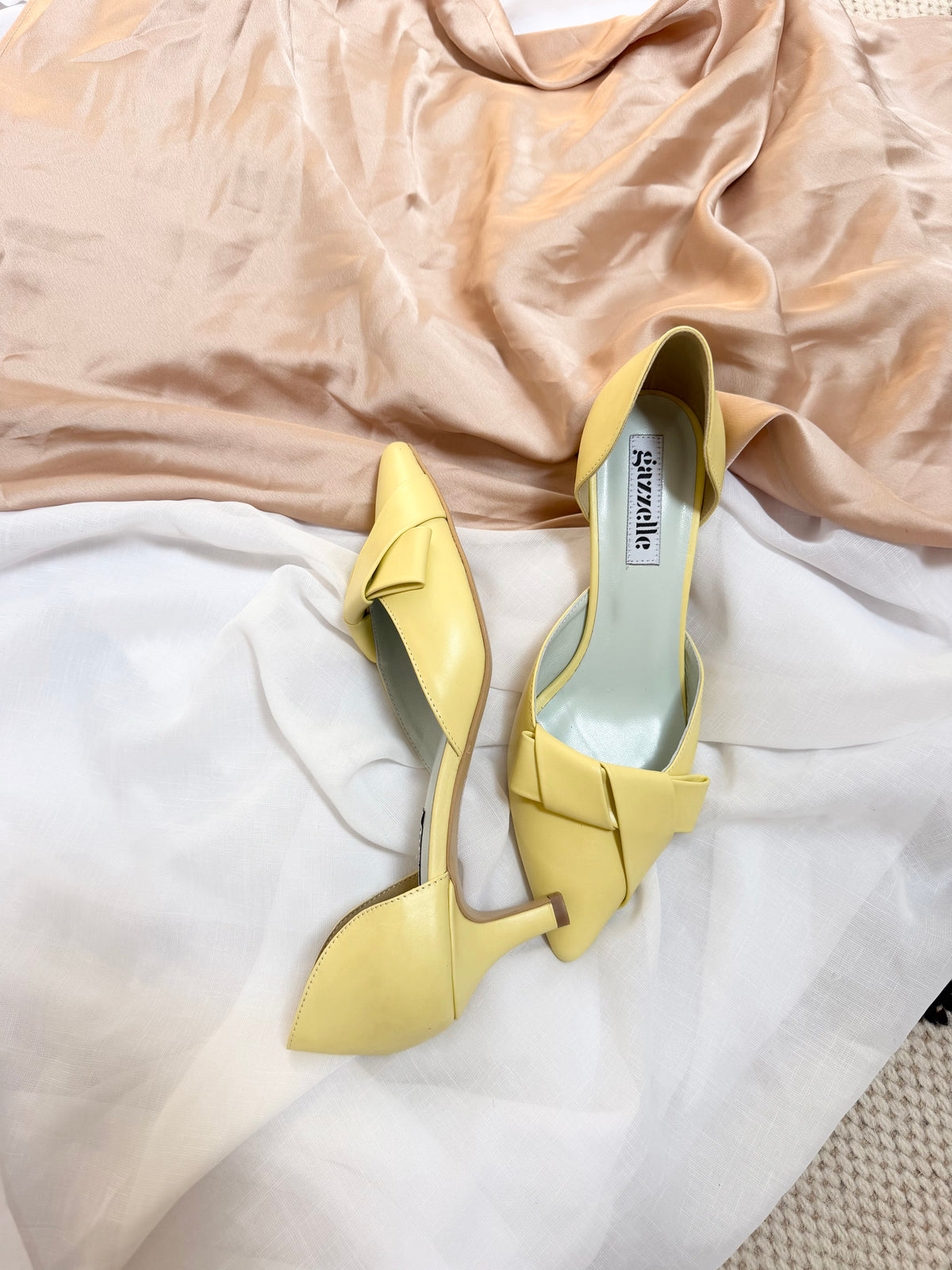 Pantofi damă din piele naturală – Galben Pal cu toc subțire și fundă elegantă Smile and Love