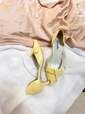 Pantofi damă din piele naturală – Galben Pal cu toc subțire și fundă elegantă Smile and Love
