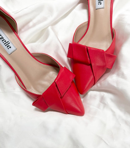 Pantofi damă din piele naturală – Roșu, cu toc subțire și fundă elegantă Smile and Love