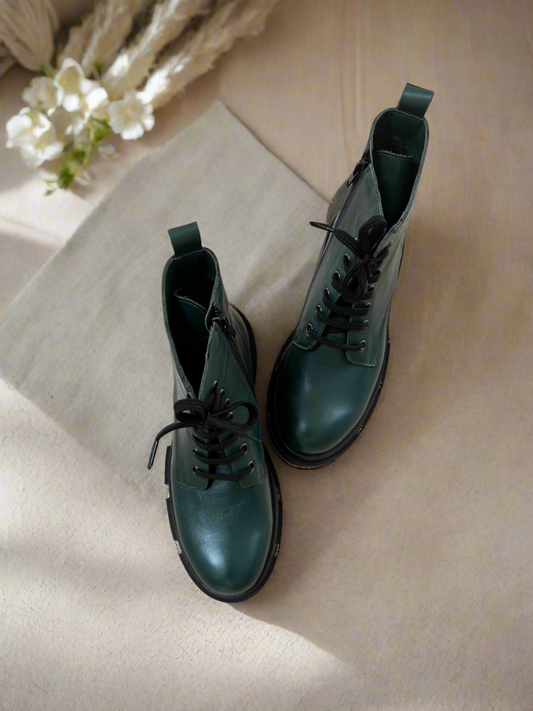 Bocanci damă din piele naturală verde Supernatural – Stil urban cu talpă groasă
