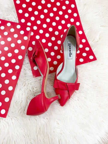 Pantofi damă din piele naturală – Roșu, cu toc subțire și fundă elegantă Smile and Love