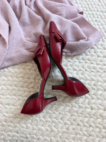 Pantofi damă din piele naturală – Grena cu toc subțire și fundă elegantă Smile and Love