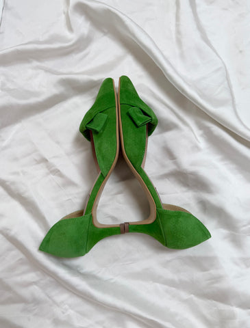 Pantofi damă din piele naturală – Verde, cu toc subțire și fundă elegantă Smile and Love