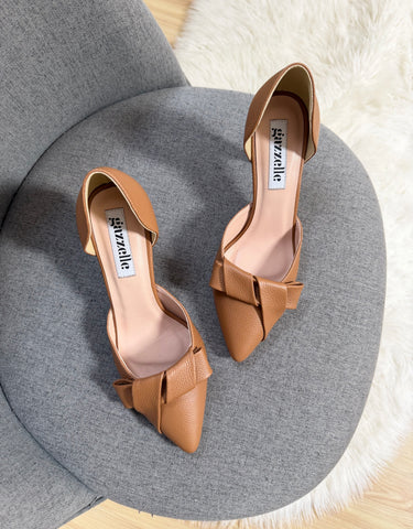 Pantofi damă din piele naturală – Camel, cu toc subțire și fundă elegantă Smile and Love