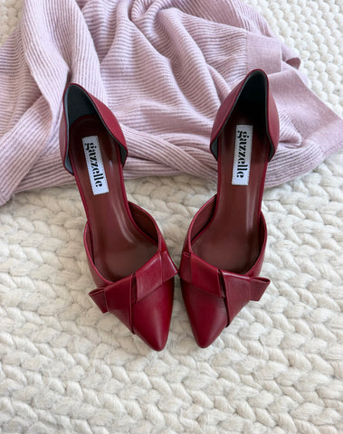 Pantofi damă din piele naturală – Grena cu toc subțire și fundă elegantă Smile and Love